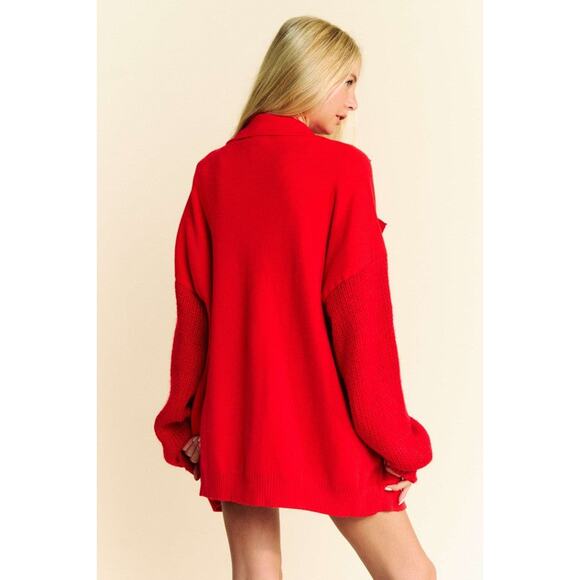 Davi & Dani Button Up Dropped Shoulder Patched Pocket Oversized Cardigan | Red - Picture 3 of 10